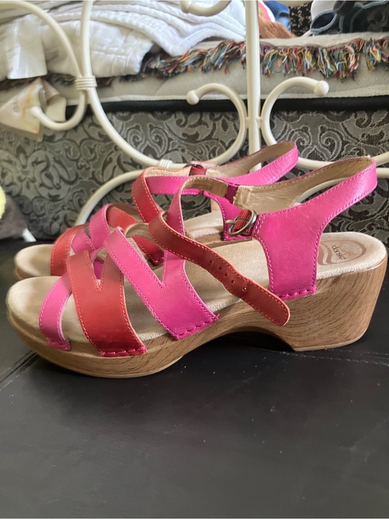 Dansko Shoes - Dansko Pink and Red Two-Tone Leather Wedge Sandals